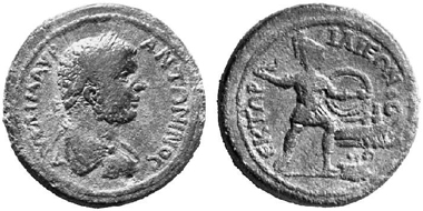 Ilion (Troas), AE, Caracalla, 197-217. Rev. Hector to the right, throwing a torch at the ships of the Greeks. BMC 92, pl. XIII, 9 (rev. same die). From auction Numismatik Lanz 109 (2002), no. 632.