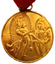 The Numismatic Society of India Chakravikrama gold medal awarded to ONS members Ellen Raven and Michael Mitchiner in 2010.