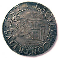 Imitation of a Schaffhausen dicken by Prince Siro of Austria (1616-1630) from Correggio (Italy). Testone (6.85 g) no date. MON NOVA SYR AVSTRIA COR PRIN double-headed eagle with nimbus. Rv. LAQVEVS CONTRITVS EST Lion jumping from a tower to left. (CNI IX, 67; Kunzmann 28,1 g; Gamb. 46). Copyright Sturzenegger Stiftung / Museum zu Allerheiligen Schaffhausen.