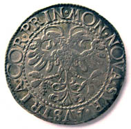 Imitation of a Schaffhausen dicken by Prince Siro of Austria (1616-1630) from Correggio (Italy). Testone (6.85 g) no date. MON NOVA SYR AVSTRIA COR PRIN double-headed eagle with nimbus. Rv. LAQVEVS CONTRITVS EST Lion jumping from a tower to left. (CNI IX, 67; Kunzmann 28,1 g; Gamb. 46). Copyright Sturzenegger Stiftung / Museum zu Allerheiligen Schaffhausen.