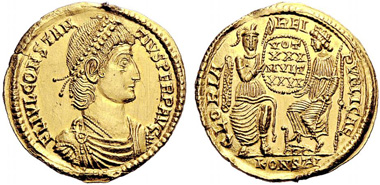 No. 518: ROMAN COINS. Constantius II (337-361). Gold medallion of 2 solidi, 353, Arelate. RIC 225. Extremely rare. Solder mark on the obverse. Extremely fine specimen. Estimate: 20,000 EUR / Sold for: 21,000 EUR.