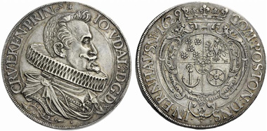 No. 1012: SECULAR PRINCIPALITIES. Eggenberg. Johann Ulrich (1623-1634). Thaler 1629, Prague. Dav. 3382. Collector's punch at the edge. Very rare. Almost FDC. Acquired in the Dorotheum on December 3, 1956, for 700 schillings. Estimate: 9,000 EUR / Sold for: 13,000 EUR.