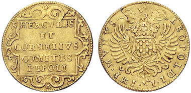 No. 1160: ITALY. Castiglione de' Gatti. Hercules and Cornelius Pepoli (1700-1703). Scudo d'oro undated (1700). CNI 1. Very rare. Very fine. Estimate: 5,000 EUR / Sold for: 13,000 EUR.