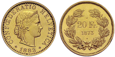 57: Swiss. 20 Franc 1873/1883, Estimated: 100,000, Realised: 260,000.