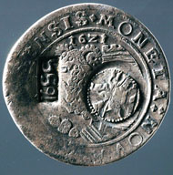 Jefímok, Schaffhausen, taler 1621. MONETA NOVA SCAFVSENSIS. Ram jumping from a tower to left. Rv. DEVS SPES NOSTRA EST Eagle, above crown. On the obverse two countermarks: tsar with spear riding to the right, indication of the year 1655. (Wiel. 708). Copyright Sturzenegger Stiftung / Museum zu Allerheiligen Schaffhausen.