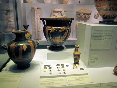 Images of Greek gods on vessels, jewels and coins. Photo: UK.