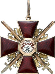 A 215, Lot 9400: RUSSIA. Order set (2) from the imperial order of the holy Russian prince Alexander Newsky, 3. Model (1858-1917), consisting of jewels with swords, gold enamelled, as well as a breast diamond with swords, silver partly gilded, gold and enamelled editions. ZK2 3070, 3076. RR, II. Estimate: 35,000 EUR. Hammer price: 120,000 EUR.
