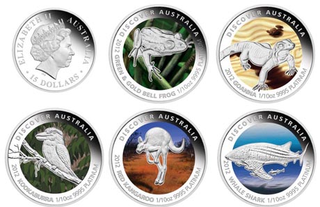 Each coin: Australia / 15 AUD / 10oz .9995 platinum / 3.112 g / 16.60 mm / Mintage: 1,000 (each) and 1,000 5-coin-sets.