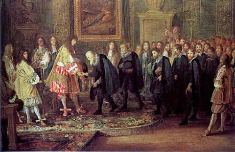 In 1633 Louis XIV receives a delegation of the Swiss Confederacy led by Johann Heinrich Waser. Painting by Adam Frans van der Meulen. Source: Wikipedia.