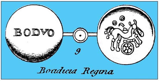 Bodvoc Bold gold stater, ABC 2039. Drawn by Stukeley before 1765, possibly copied from Camden's Britannia, first published 1586. Source: W. Stukeley, Twenty-three plates of the coins of the ancient British kings, R. Fleming, 1776.