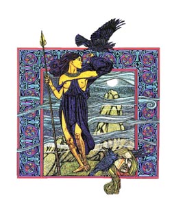 Bodvoc's name ('battle-crow') is linked to that of the Irish war-goddess Badbh, one of the three aspects of the shape-shifting Morrigan ('phantom queen'). Source: Painting © Courtney Davis, www.courtney-davis.com.