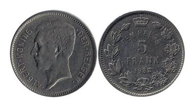 Albert King of the Belgians. 1 Belga = 5 Belgian Francs, 1932. This nickel coin was minted with Dutch text from 1930 to 1933. The obverse, showing King Albert, was engraved by G. Devreese. More info at http://en.numista.com/catalogue/pieces504.html.