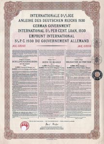 German Government International 5.5% Loan 1930 in Belgas. Printed by the Reichsdruckerei and issued in Berlin August 15, 1930. This bond was part of the Belgian loan issued in the settlement program for German WWI reparations debts ('Young Plan').