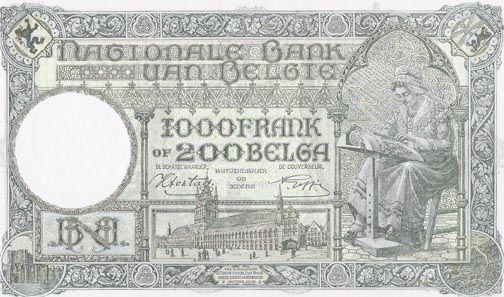 This 1943 note for 1,000 Belgian Francs or 2,000 Belgas shows a lace-maker at work. The buildings depicted are: in the middle the Cloth Hall of Ypres, in the left border the Gravensteen of Ghent ('castel of the count').