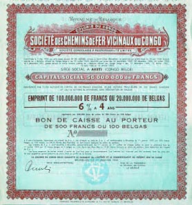 Vicinal railways company of Congo - unissued 6% 4 year savings certificate of 100 Belgas printed by Imprimerie Industrielle et Financière, 1933.