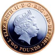 Great Britain / 2 GBP / .925 sterling silver (inner) and .925 sterlin silver plated with fine gold / 24.00 g / 28.40 mm / Design: Jonathan Olliffe (reverse) and Ian Rank-Broadley (obverse).