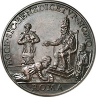 Innocent VIII (Pope 1484-1492). Bronze medal, no year (die after 1664 by G. Paladino). Rv. Cem prostrating himself in front of Innocent on the throne. Restrike from the 19th century. From Dogan Collection, Auction Gorny & Mosch 172 (2008), 6015.
