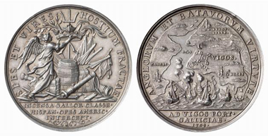 1702 silver medal, by P. H. Müller, unsigned, of the annihilation of the Spanish-French fleet at Vigo. From Künker auction 116 (2006), 4089.