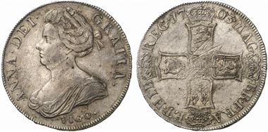 Anna. Crown 1703, London. Dav. 1338. From Künker auction 184 (2011), 5445.