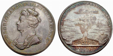 Anna. Silver medal 1702. Rv. Burning ships in the Vigo Harbour. From UBS auction 69 (2007), 2716.