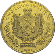 100-perpera piece, minted in honour of Nicola I of Montenegro in celebration of the 50th anniversary of his governance and his ascension to King.