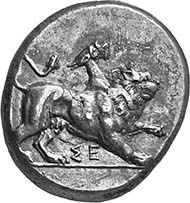 SIKYON. Stater, ca. 390 BC. Chimaira r. Rev. Dove flying l. in wreath of olive twigs. 12.10 g. SNG Lockett 2323.