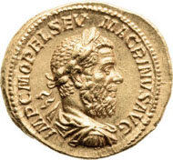 20321: ROMAN EMPIRE. Macrinus (217-218 AD). AV aureus (20mm, 6.81 gm, 6h). Rome, AD 218. Estimate: $40,000. Realized: $203,150.
