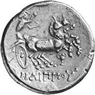 Celts. Helvetii? Stater of Soy-Type, after 250. Head of Apollo with laurel wreath facing right. Rev. Biga galloping towards the right.