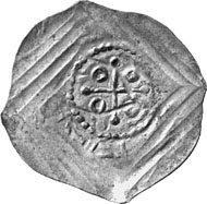 Zürich. Stamping of Fraumünster Abbey. Dünnpfennig, 2nd half of the 11th century. Church facade. Rev. Cross, ringlet between crossbeams.