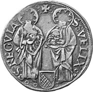 Zurich. Dicken 1505. The city's patron saints Felix and Regula, their severed heads in their hands. Rev. Eagle.