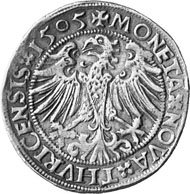 Zurich. Dicken 1505. The city's patron saints Felix and Regula, their severed heads in their hands. Rev. Eagle.