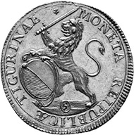 Zurich. 5 ducats 1720. Lion with sword and coat of arms cartouche walking towards the left. Rev. Zurich cityscape as seen from the water.