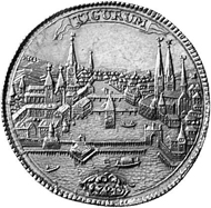 Zurich. 5 ducats 1720. Lion with sword and coat of arms cartouche walking towards the left. Rev. Zurich cityscape as seen from the water.