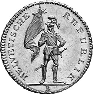 Zurich. Double doubloon of 32 francs, 1800, minted in Bern. From the front, a warrior, the flag of the Republic in his hand. Rev. 32 / FRANCS / 1800 in an oak wreath.