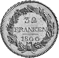 Zurich. Double doubloon of 32 francs, 1800, minted in Bern. From the front, a warrior, the flag of the Republic in his hand. Rev. 32 / FRANCS / 1800 in an oak wreath.