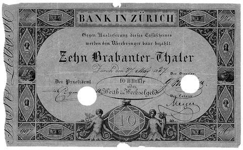 A Bank in Zurich. 10 Brabant thalers, issued on 27.5.1837.