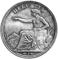 Swiss Confederacy. 5 francs 1850, minted in Paris. Helvetia with the Swiss coat of arms sits before an Alpine landscape. Rev. 5 Fr / 1850 in a wreath of oak leaves and Alpine flowers.