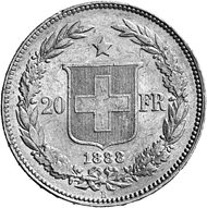 Swiss Confederacy. 20 francs 1888, minted in Bern. Female head facing left. Rev. Swiss coat of arms in a wreath of laurel and oak branches.