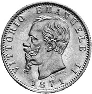 Italy. 20 lira 1871. Head of Vittorio Emanuele II. Rev. Crowned escutcheon between laurel wreaths.
