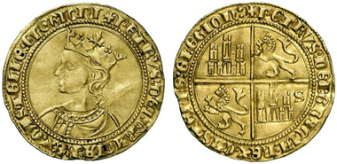 Pedro I, 1350-1369. Dobla of 35 maravedis, Seville. From Künker auction 218 (2012), 5420.