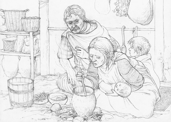 Middle of the 3rd century BC. A Celtic farmer is talking to his wife. Drawn by Dani Pelagatti / Atelier bunterhund. Copyright MoneyMuseum Zurich.
