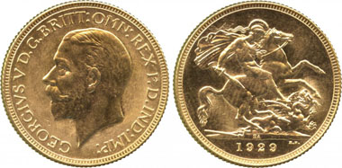 927: Colonial Gold Issues. SOUTH AFRICA. Branch Mint of the Royal Mint at Pretoria South Africa. The Excessively Rare South African Proof Sovereign of 1929 Small Head. George V, Proof Sovereign, 1929 SA, Pretoria, South Africa mint. Estimate: 12,000-15,000 GBP. Realized: 44,000 GBP.
