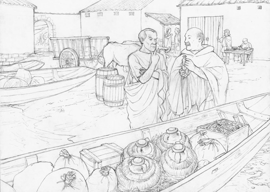 The end of the 2nd century AD. Marcus, a Roman trader, is declaring his cargo at the customs station of Turicum and gets into a conversation with Unio, the Roman customs official. Drawn by Dani Pelagatti / Atelier bunterhund. Copyright MoneyMuseum Zurich.