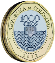 The 1,000 Peso coin has been re-introduced with new security features since it was once heavily counterfeited. Courtesy of the Central Bank of Colombia.
