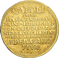 2 gold gulden 1677, Kassel, Eder-gold. Rv. Riverscape on the Eder, in the foreground, the river god is n. l. storing oars and an urn in the reeds. Friedberg 1271 ('Unique'). From Künker auction 220 (October 30, 2012), 7589. Estimate 100,000 EUR.