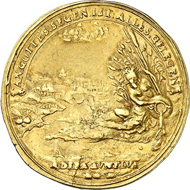2 gold gulden 1677, Kassel, Eder-gold. Rv. Riverscape on the Eder, in the foreground, the river god is n. l. storing oars and an urn in the reeds. Friedberg 1271 ('Unique'). From Künker auction 220 (October 30, 2012), 7589. Estimate 100,000 EUR.
