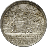 Silver medal undated (1714) from G. L. Scheff of the completion of the Wilhelmshöhe Palace and the waterworks on the Carlsberg at Kassel. Schütz 1519. From Künker auction 220 (October 30, 2012), 7614. Estimate: 2,000 EUR.
