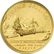 Charles I 1693 gold medal of 100 ducats by P. H. Müller of the relief of the Rheinfels fortress. Schütz 1324var. From Künker auction 220 (October 30, 2012), 7608. Estimate: 20,000 EUR.