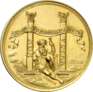 Charles I 1693 gold medal of 100 ducats by P. H. Müller of the relief of the Rheinfels fortress. Schütz 1324var. From Künker auction 220 (October 30, 2012), 7608. Estimate: 20,000 EUR.