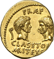 No. 546. SEXTUS POMPEIUS MAGNUS PIUS (Roman Republic). Aureus, Sicily. Head of Sextus Pompeius. Rev. Head of his father, Gnaeus Pompeius, across from him, the head of his brother. Cr. 511/1. Very rare. Ex Naville, Lucerne 18.-20.6.1925, 174 (Slg. H. C. Levis). Extremely fine to FDC. Estimate: 40,000 EUR. Final Price: 161,000 EUR.